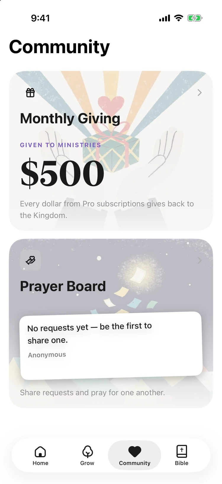 The BibleGate Community tab with Monthly Giving and the Prayer Board