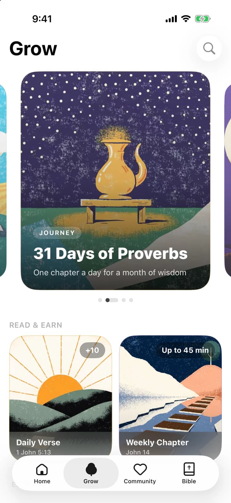 The BibleGate Grow tab with a 31 Days of Proverbs journey, the Daily Verse, and the Weekly Chapter